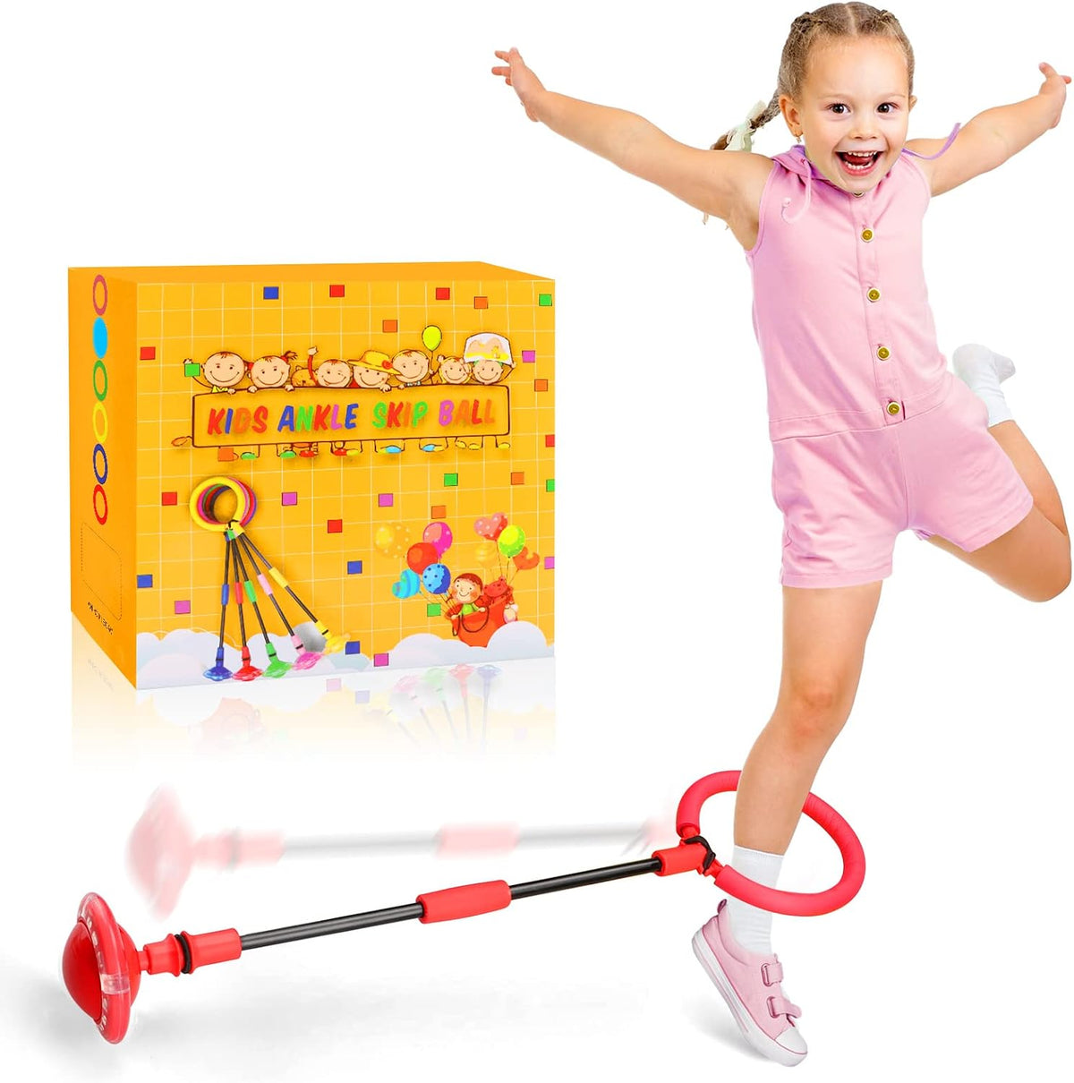 Ankle Skip Ball for Kids, Portable Foldable Flash Wheel Skip Ball Toy – Fun for Kids & Family - Red