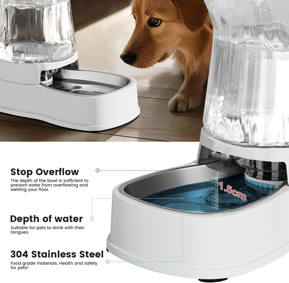 Automatic Dog Water Dispenser, Stainless Steel Bowls Feeder - White / 2.1 Gallon - image 4