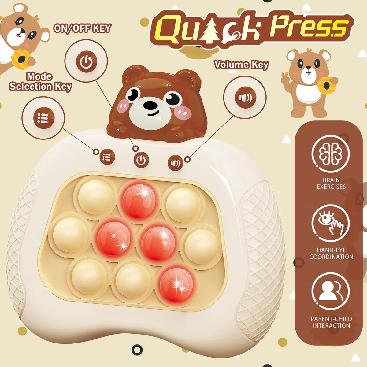 Pop Game, Light Up Fidget Toy for Kids & Adults - Cute Grizzly Bear - image 2