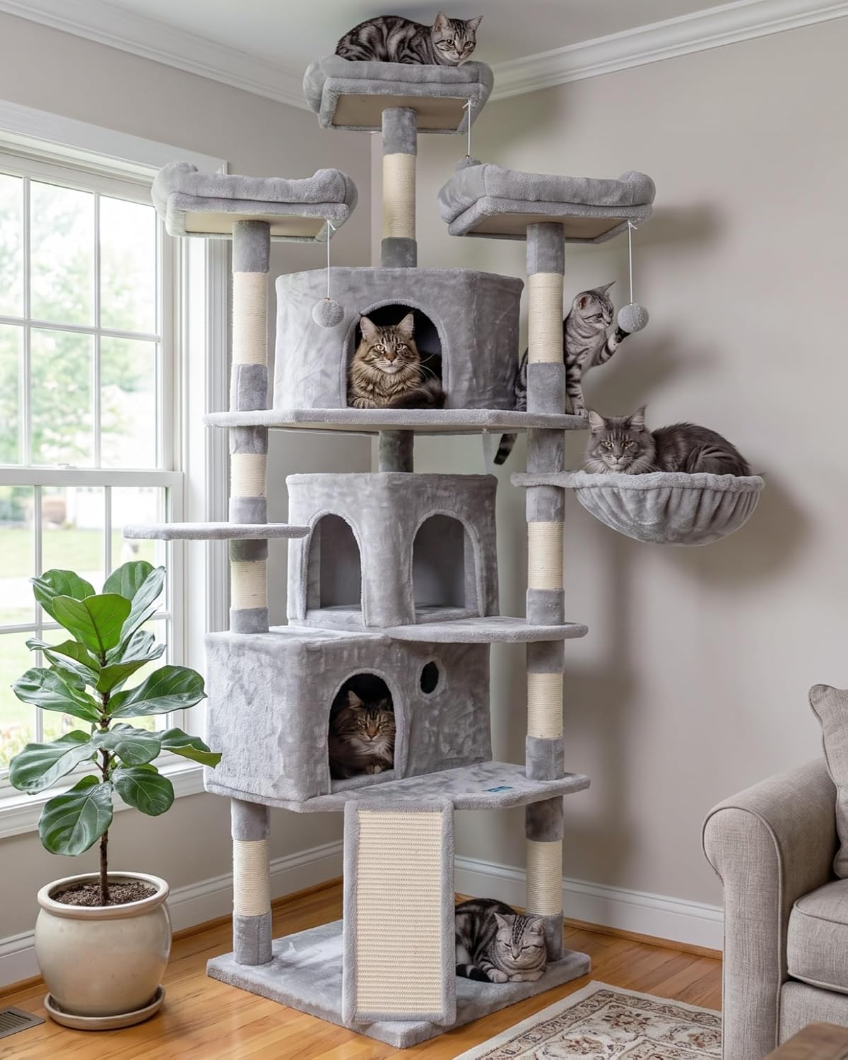 Hey-brother Cat Tree Tower with Multi-Level Large Condo - Light Gray