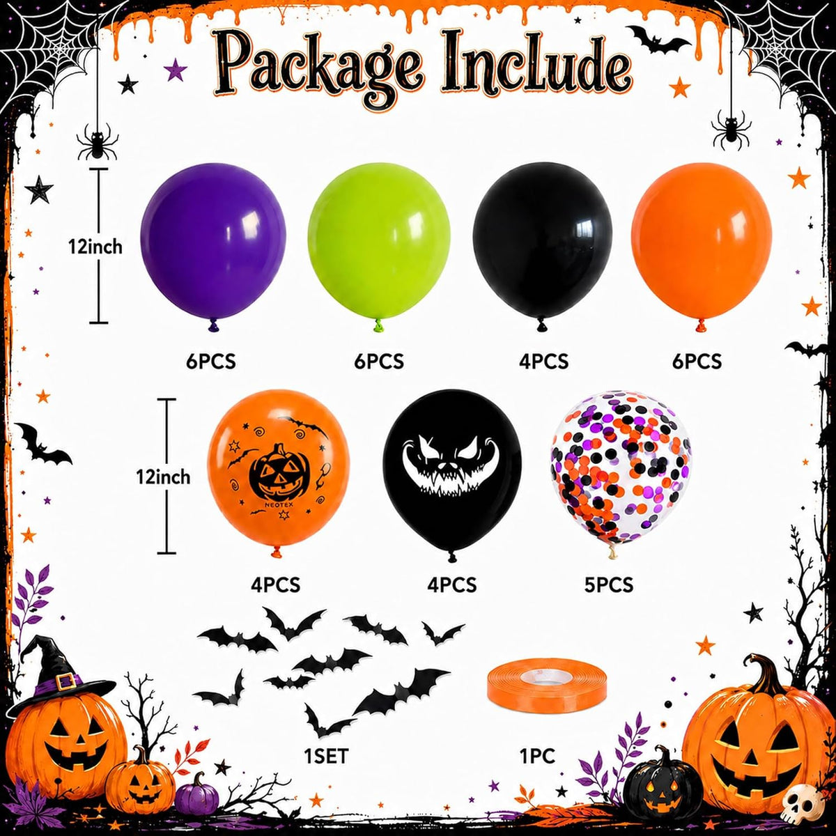 Froova black and white Halloween balloons with ghost and bat prints and bat stickers - view 29