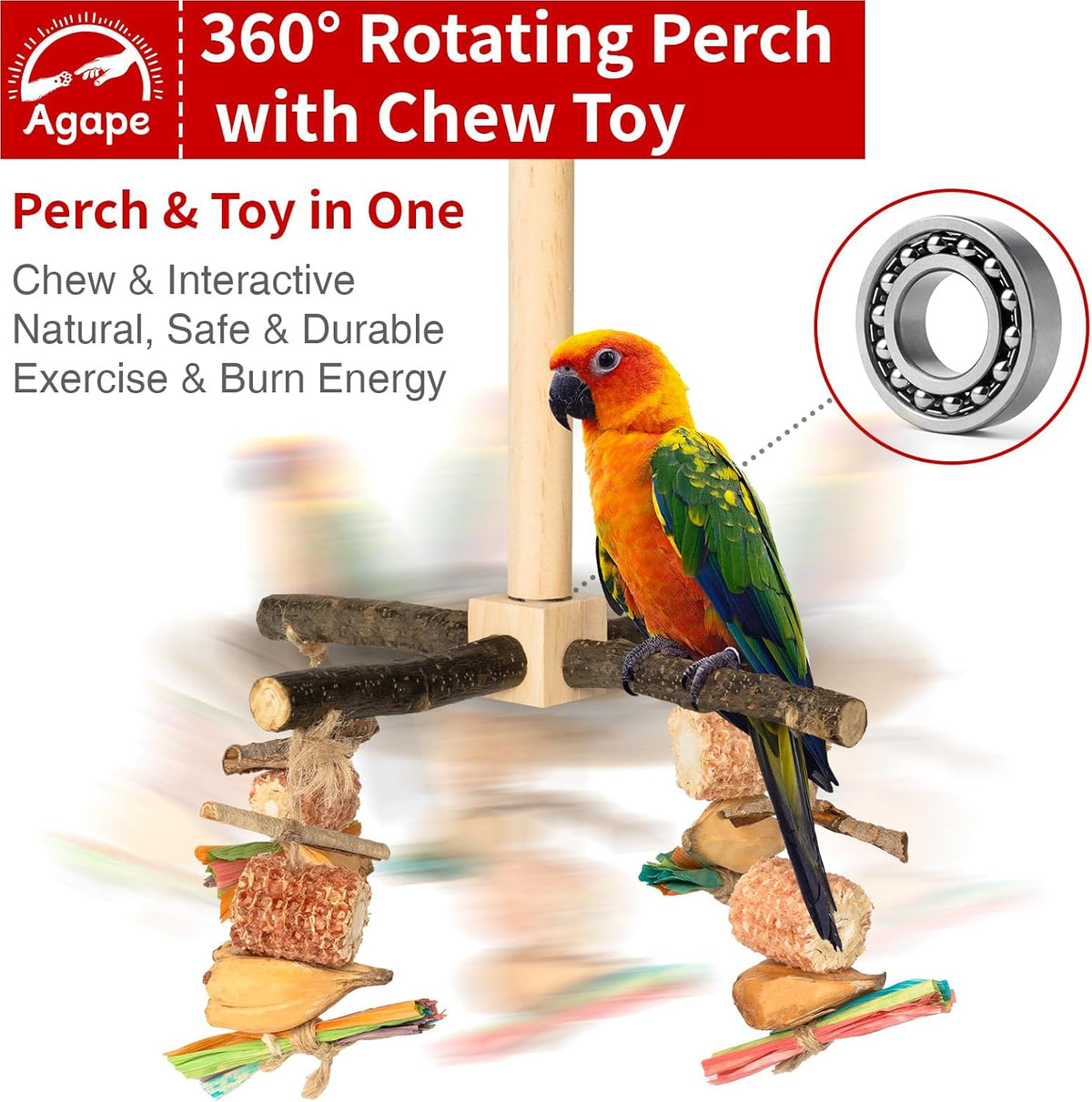 Agape Rotating Parrot Perch with Chew Toy - Wood - image 2
