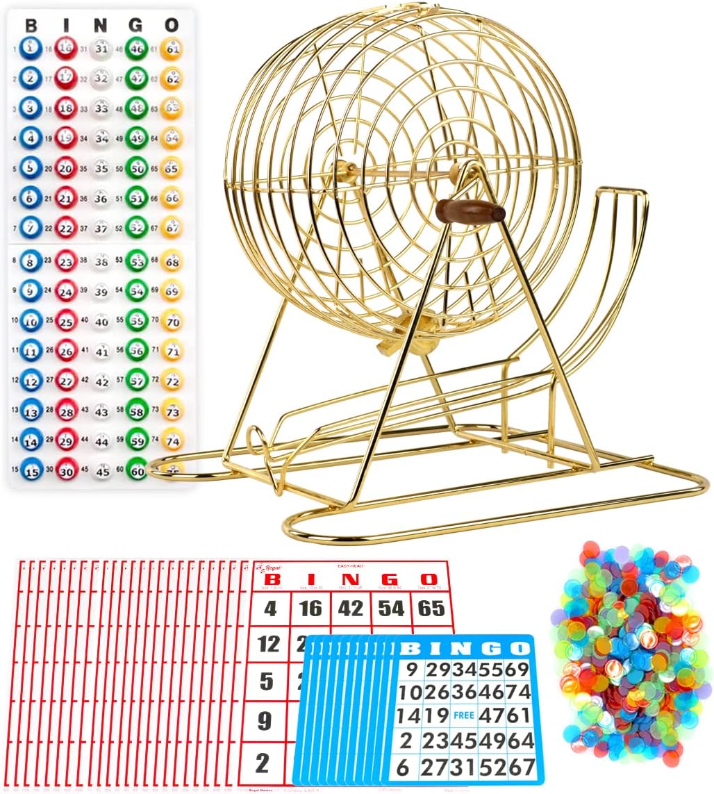 Regal Games Deluxe Bingo Game Set with Cage, Board, Balls - Professional Gold 18 Card