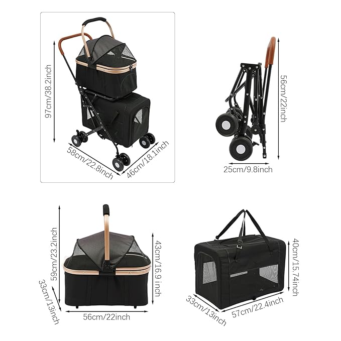 Double Pet Stroller with Detachable Carriers, Large Cat & Dog Stroller with 4 Wheels, Foldable Pet Strollers Small & Medium Dogs Cats 77lbs (Black)