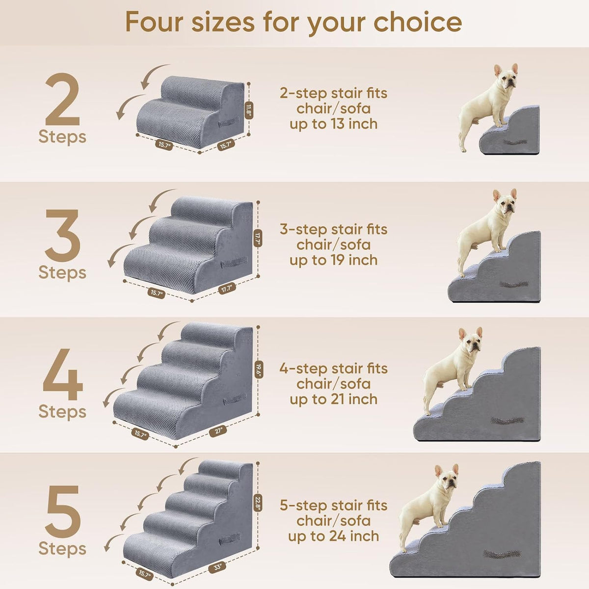 PAWSCRAT 4-Step Pet Stairs for High Beds & Sofas - LightGrey / 2-step 11.8"H - image 2