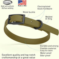 Dogline Biothane Waterproof Dog Collar Strong Coated Nylon Webbing with Black Hardware Odor- Proof for Easy Care Easy to Clean High Performance Fits Small Medium or Large Dogs, Olive Drab Green