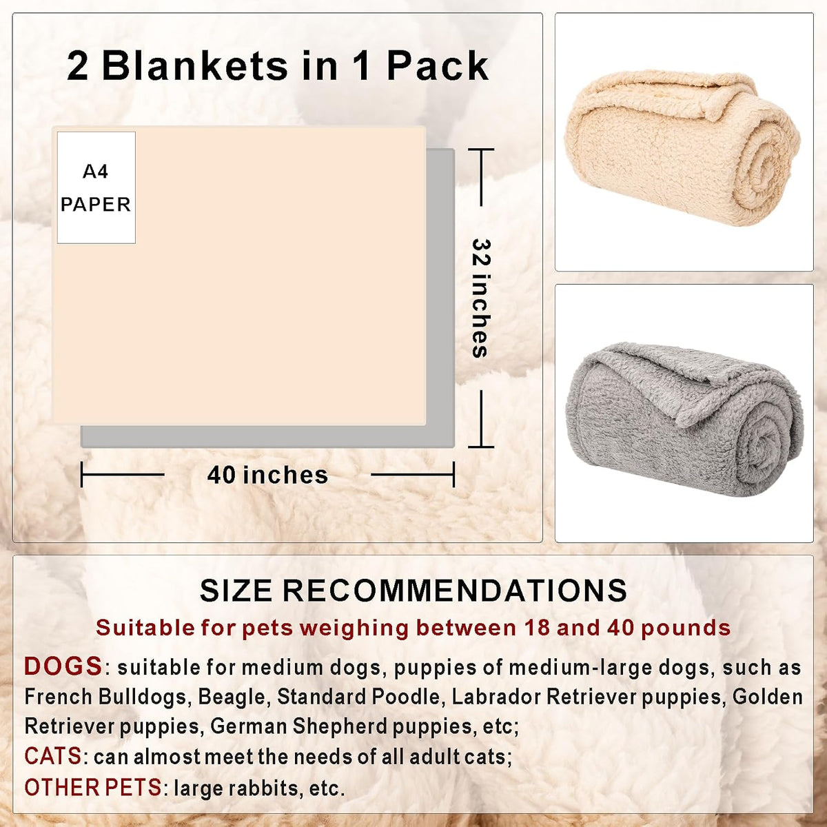 2 Blankets, Dog Cat Pet Blanket, Soft Warm Fleece, for Puppy - Beige+lightgray / 40"L x 32"W, 2/Pack - image 2