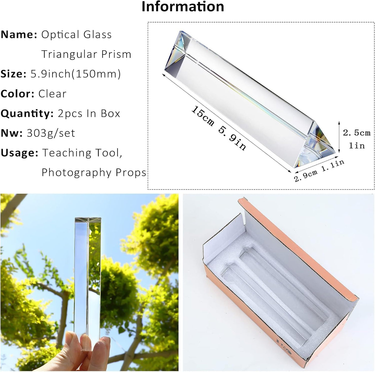 QFkris 2 pack of 6 inch K9 optical glass triangular prisms splitting light into a rainbow - view 2