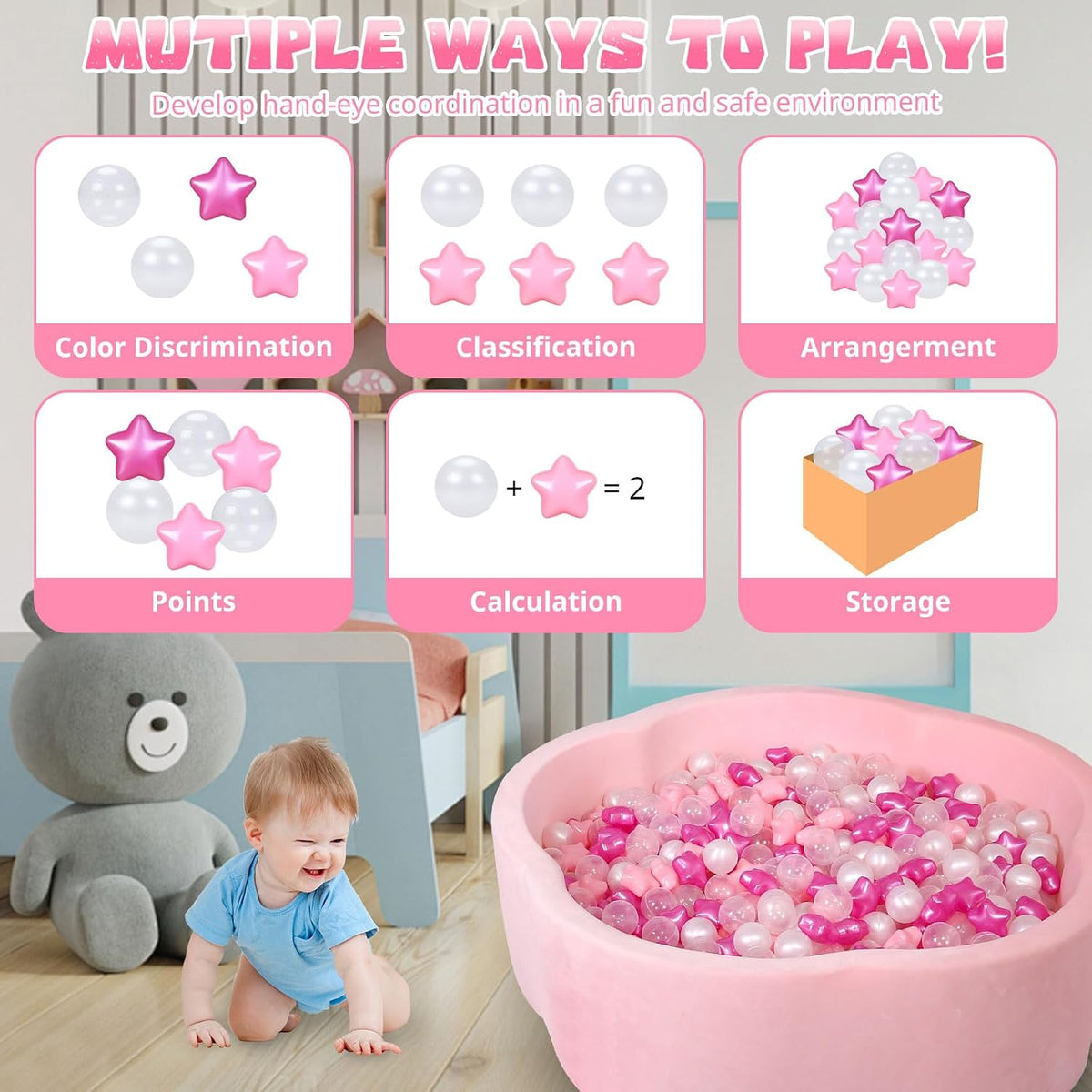 Star Ball Pit Balls for Toddlers, Ball Pool Play Tent - Pearl Purple Pink / 100 - image 4