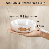 Ceramic Cat Bowls Whisker Friendly - Ceramic Cat Bowl Set of 2 Cute Designs with Anti-Slip Bases - Dishwasher & Microwave Safe Food and Water Bowls for Cats - Dishes for Cats - Kitten Food Bowl Set