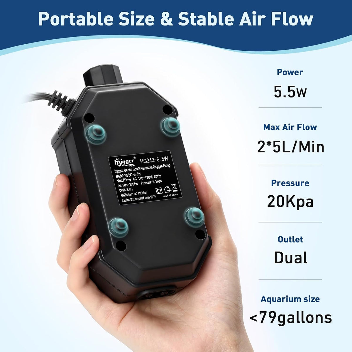hygger Aquarium Air Pump, Ultra Quiet Oxygen Aerator with Air Stone Airline Tubing Check Valve - Large - image 2