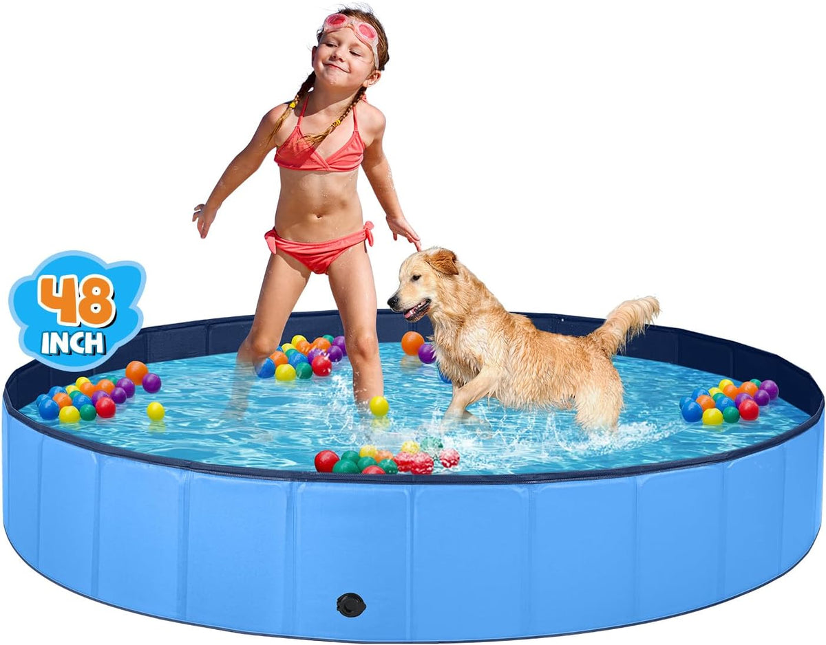 Jecoo Dog Pool for Large Dogs Kiddie Pool Hard Plastic Foldable Dog - Blue / M-48" x 12"