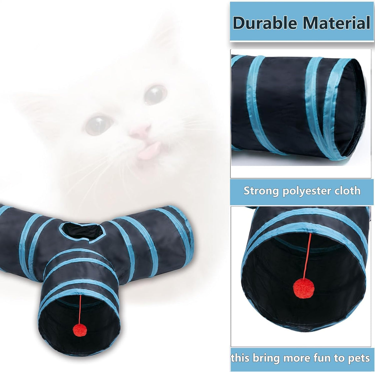 Cat Tunnel Tube Toys, 3 Ways Tunnels for Indoor Cats with Play Ball – Essentials for Cats - 3 Way Black Blue - image 4