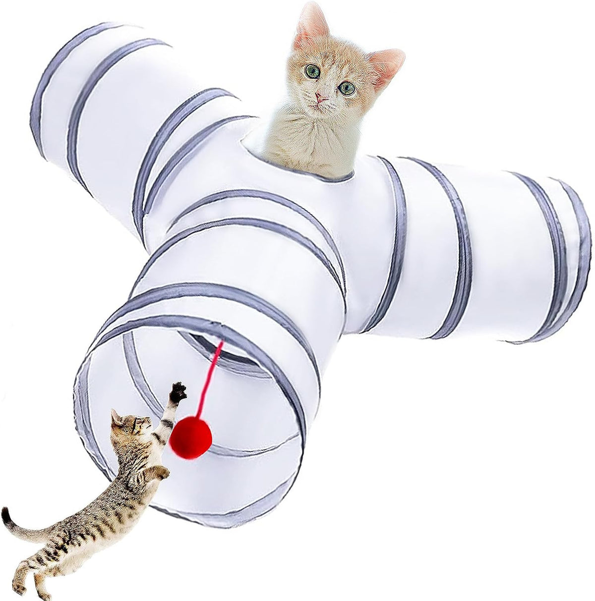 Cat Tunnel Tube Toys, 3 Ways Tunnels for Indoor Cats with Play Ball – Essentials for Cats - 3 Way White Gray