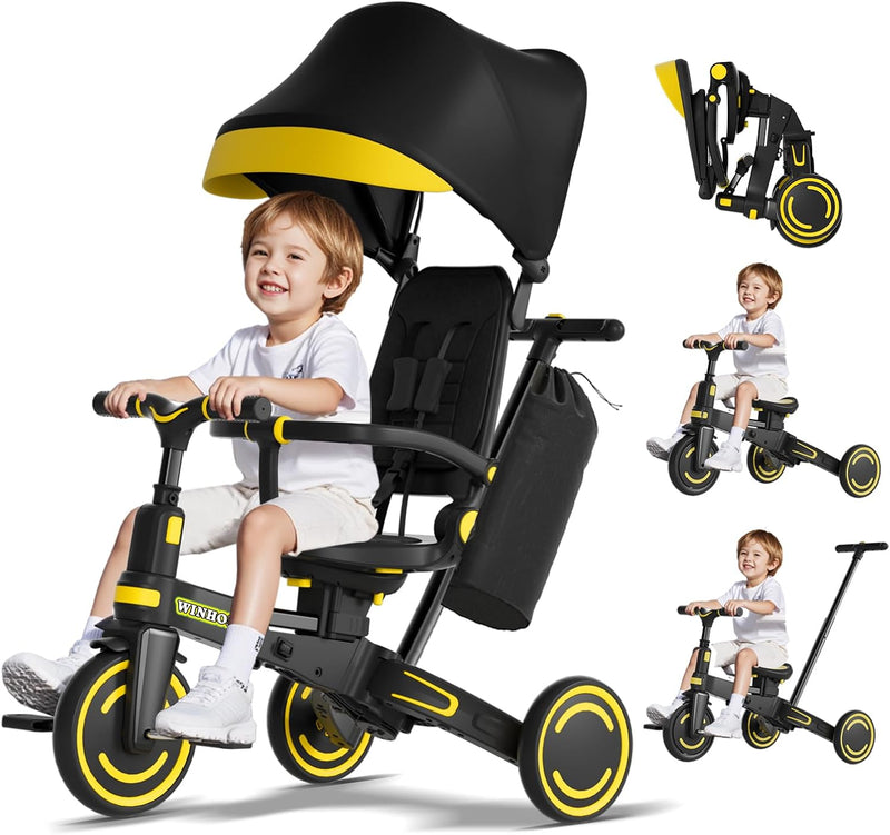 WinHope 9-in-1 foldable toddler tricycle with push handle and canopy in white
