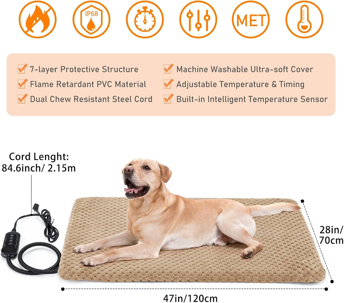 Heated Dog Bed, Waterproof Adjustable Temperature Dog Cat Heating Pad with Timer, Indoor Pet - XL: 47" x 28" / Brown - image 2