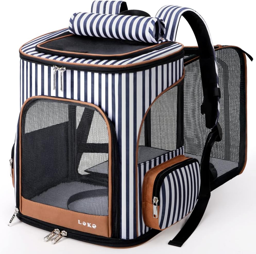 Lekereise Cat Backpack Expandable Pet Carrier Backpack for Small Cats - Stripes / XL-Mesh Window