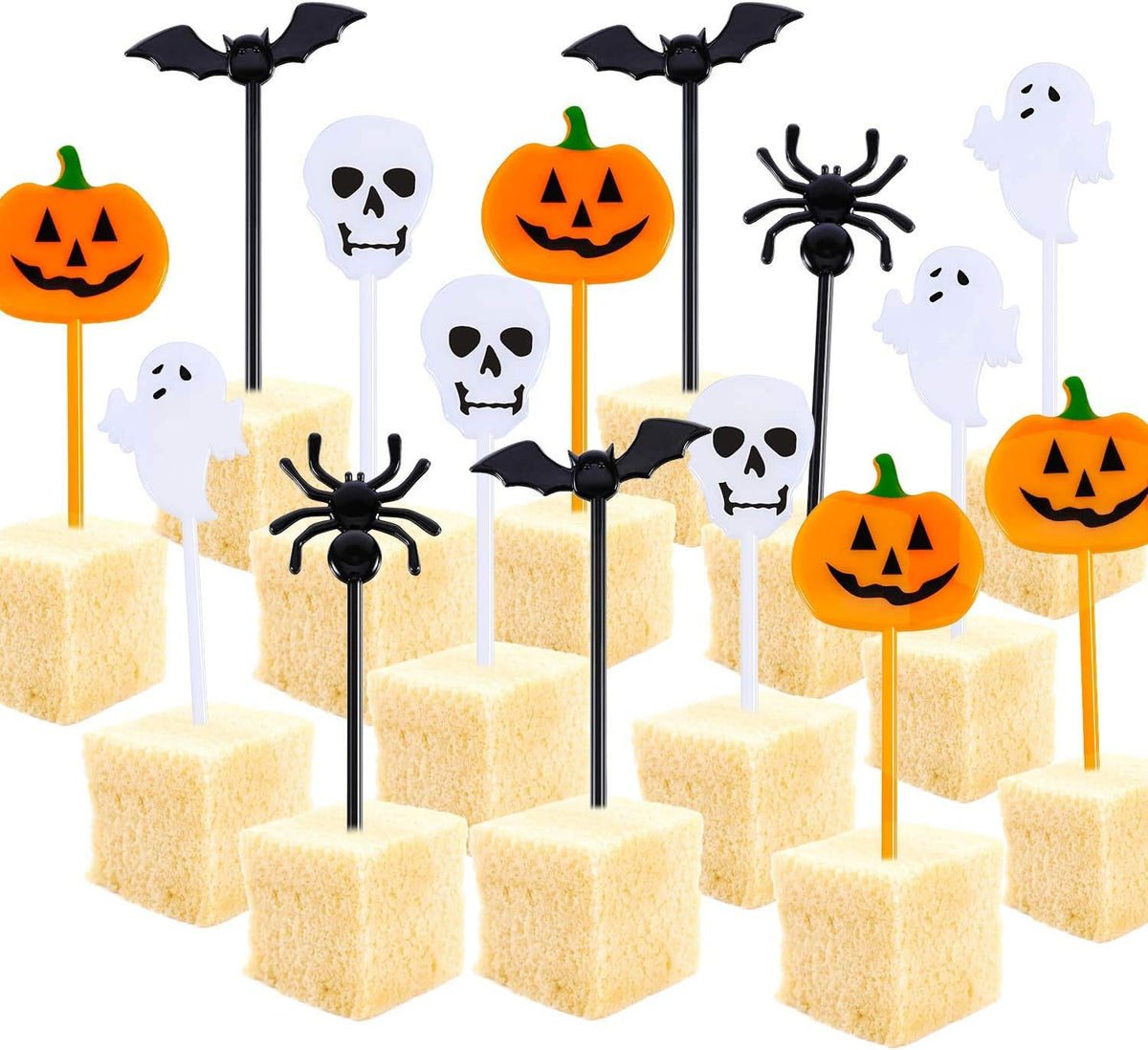 Tatuo Halloween cupcake toppers, 100 plastic picks with pumpkin, ghost, spider, bat and skeleton designs