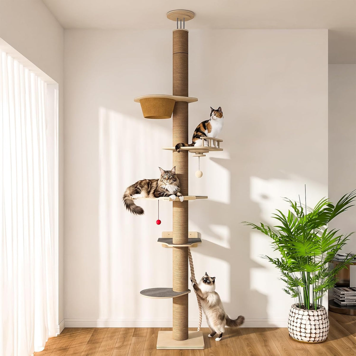 Cat Tree Floor to Ceiling, Cat Tower with Hammock & Perch
