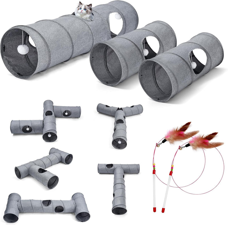 Cat Tunnel, 3 Straight Shaped Tunnels 6 DIY Shapes with Wand Toys, No Noise Scratch Resistant Cool - Grey