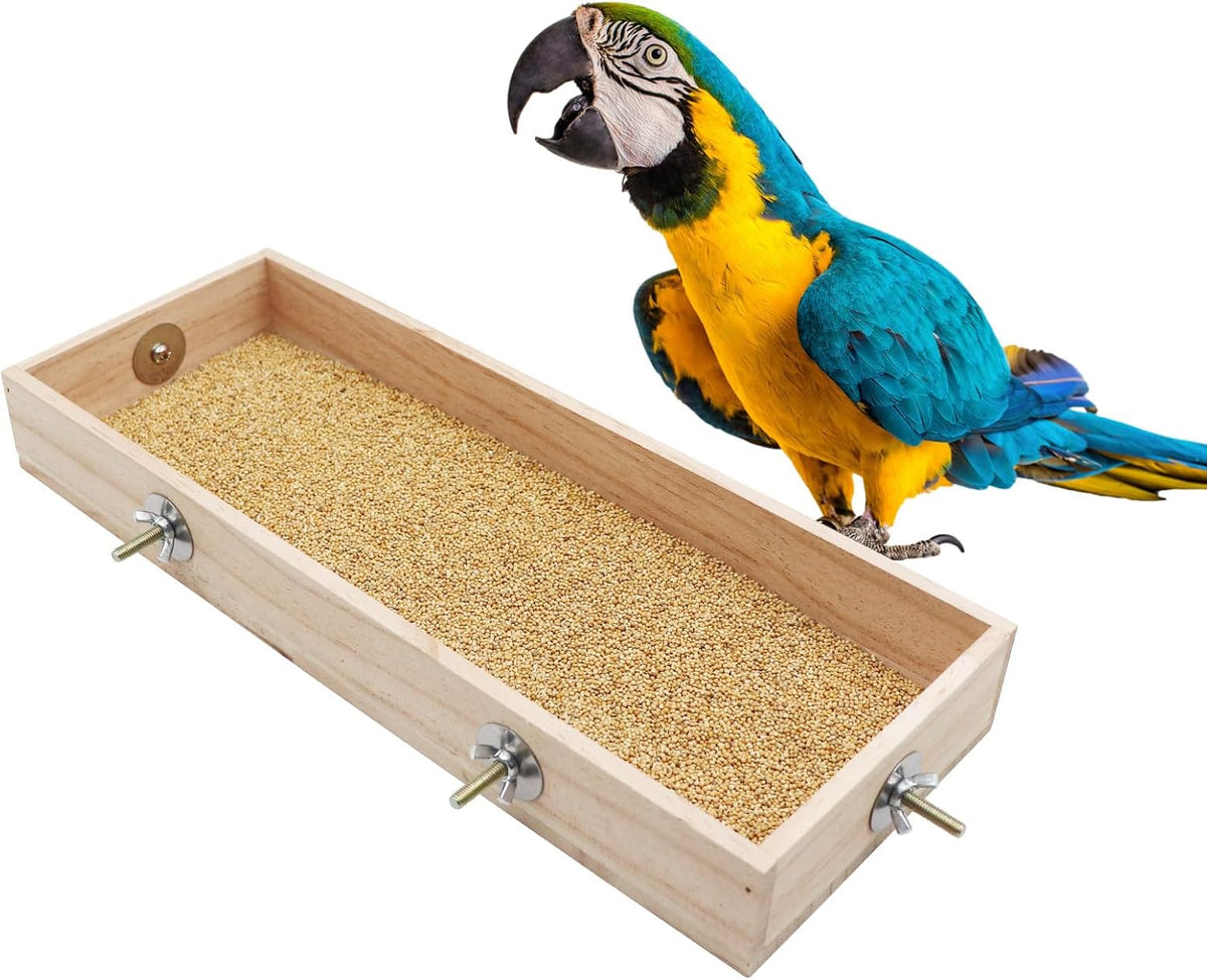 Bird Feeding Cups, Natural Wooden Parrot Perch Stand - 15.7 × 5.9 Inch