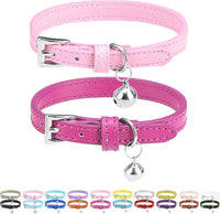 PUPTECK 2 PCS Soft Genuine Leather Cat Kitten Collar with Bells - Rose&Pink
