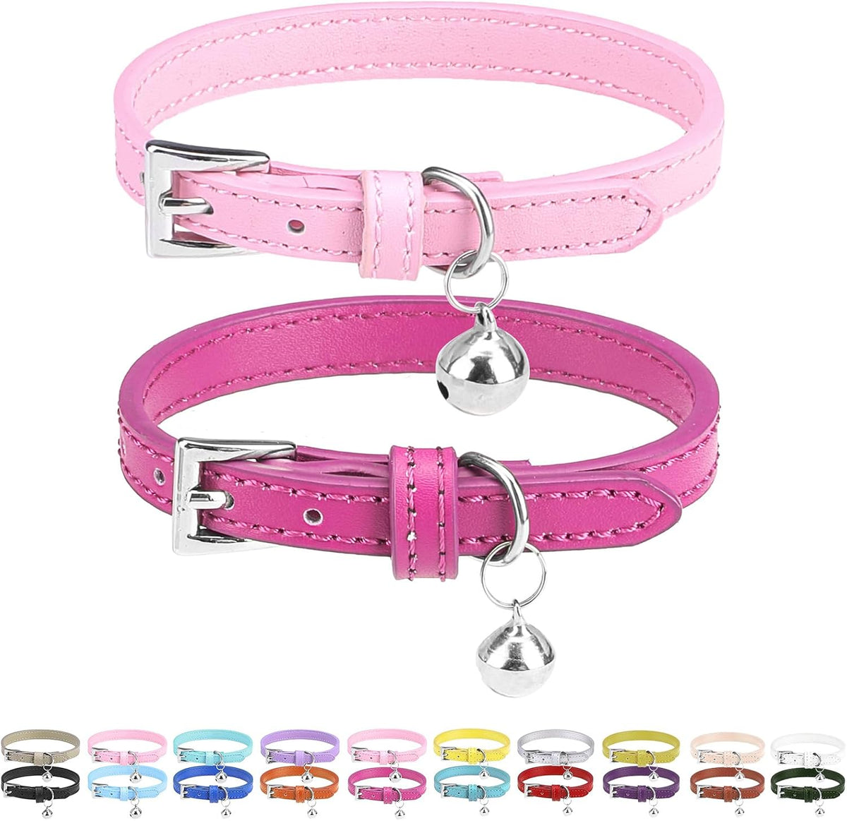 PUPTECK 2 PCS Soft Genuine Leather Cat Kitten Collar with Bells - Rose&Pink