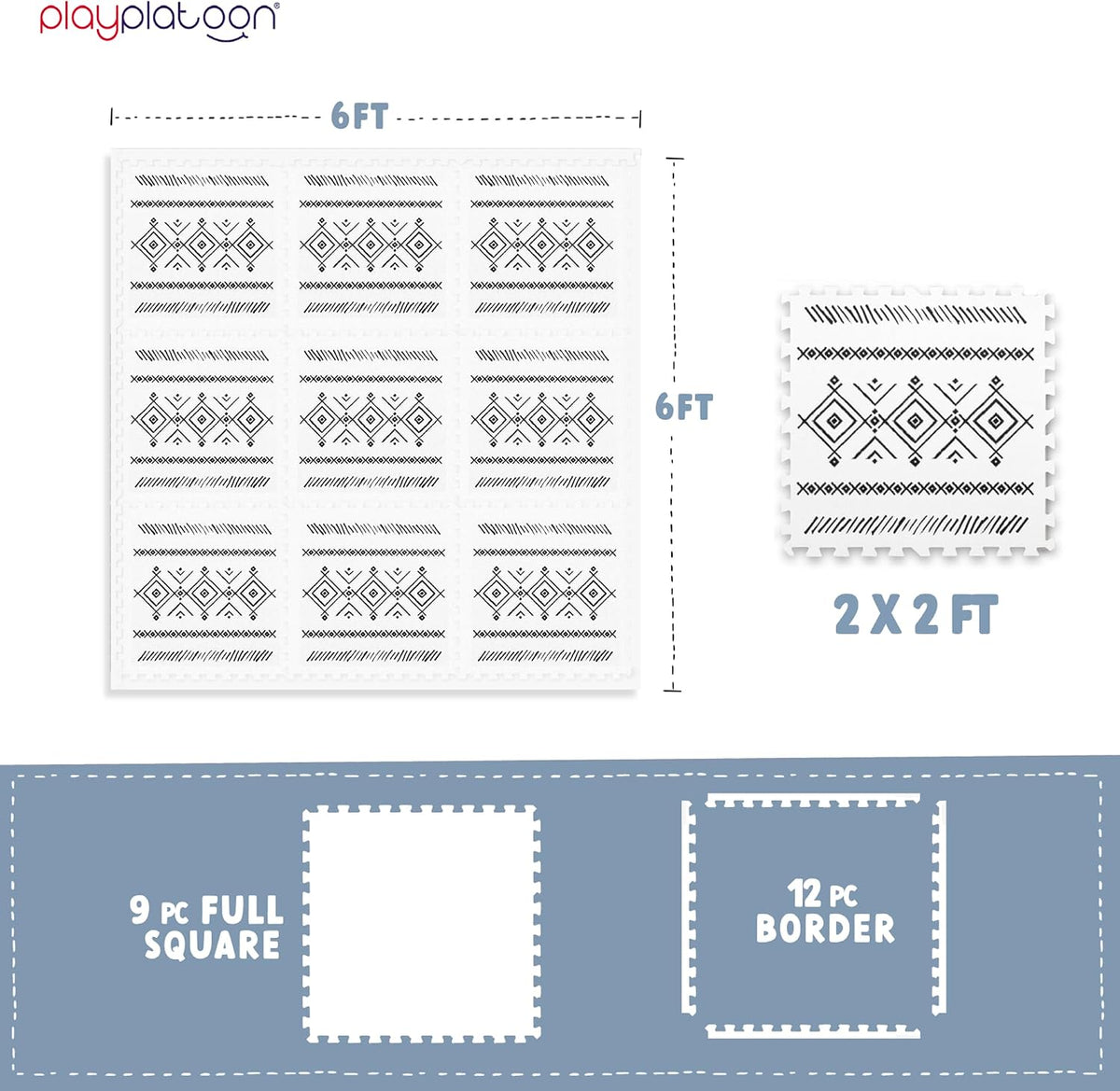 Play Platoon Kids Play Mat, 9 Tile 72x72 Inch - 72"L x 72"W x 0.6"Th / White & Black - image 2