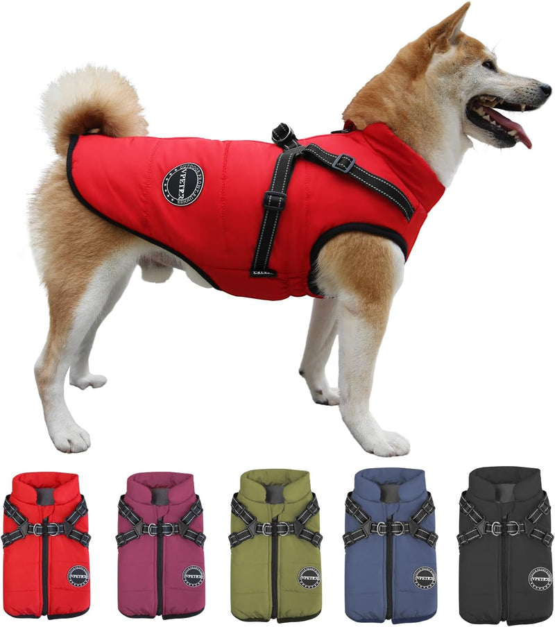 Dog Winter Coat,Warm Jacket Paded Fleece Pet Vest with Built in Harness, Windproof Reflective Cozy - Red / XX-Large