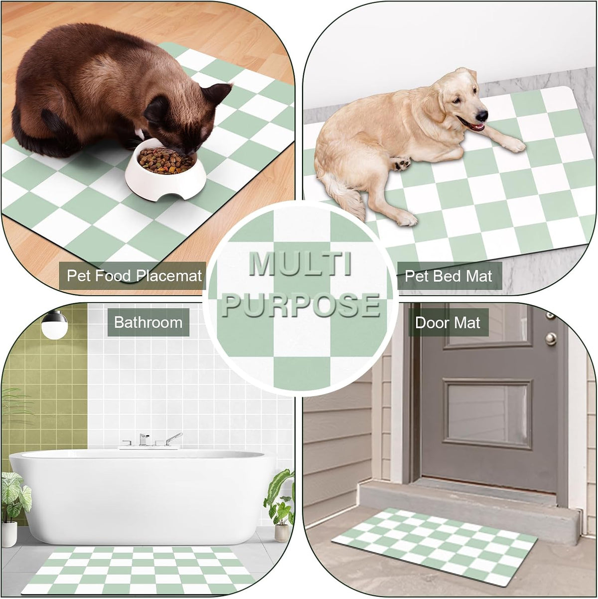 Cat Food Mat, 12"x 20" Cat Dog Mats for Food and Water Bowl - 17"L x 28"W / Green & White - image 3
