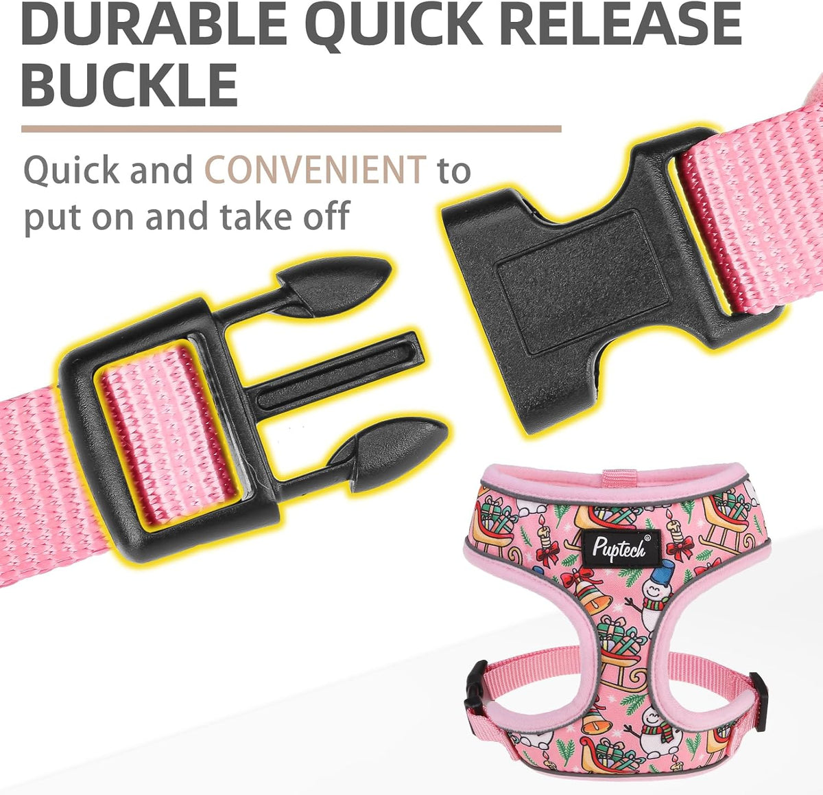 Pupteck Soft Mesh Dog Harness Sized and Leash Set Pet Puppy Cat - Pink (Snowmen) / S (NECK: 12", CHEST: 14"-18") / Classic over-the-head harness - image 4