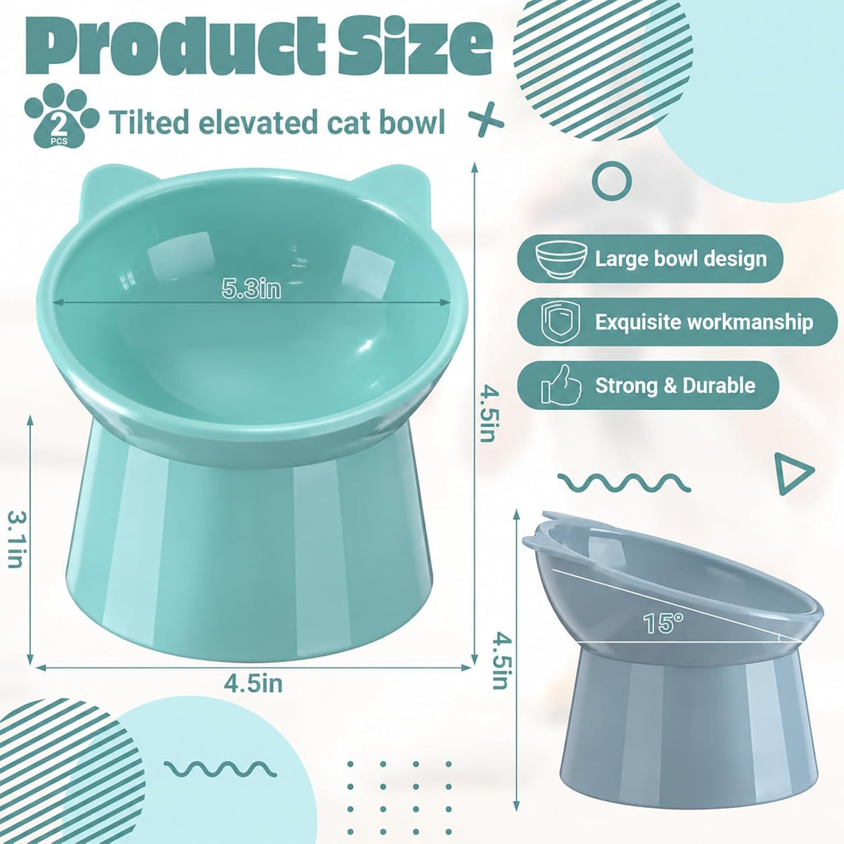 Zhehao 2 Pcs Elevated Cat Bowl Set, Tilted 15° - Cat Ears / Light Green, Blue - image 2