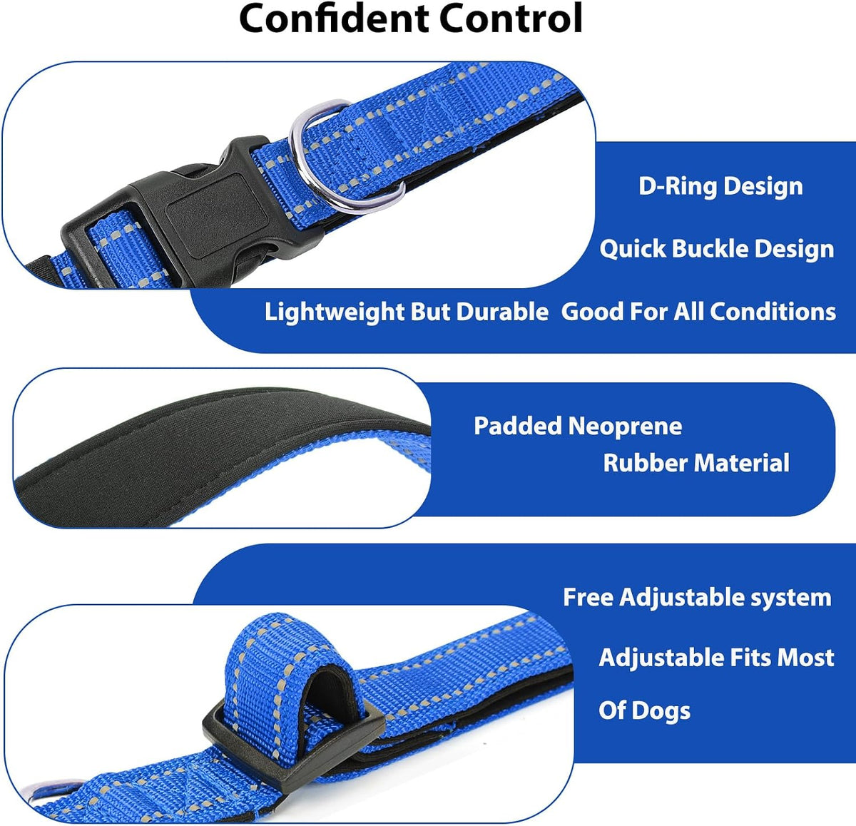 Reflective Dog Collar, Adjustable Nylon for Medium Dogs - Blue / L:width 1"neck 17.5-27" - image 4