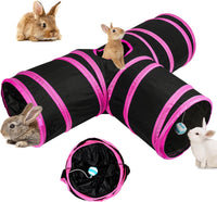 Bunny Tunnels & Tubes, 3-Way Collapsible Rabbit Hideout for Bunnies – Essentials for Small Pets - Rose Red