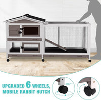 62" Rabbit Hutch with Chew-Proof Ramp & Waterproof Roof - Indoor/Outdoor Bunny Cage, 2-Story Design, 6 Lockable Caster Wheels & Dual Pull-Out Trays (Brown)