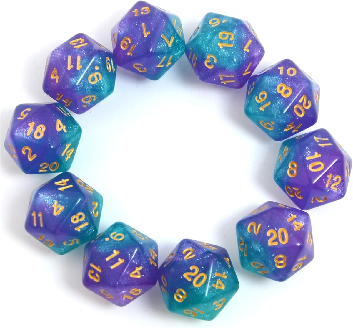 SmartDealsPro 10-Pack 20 Sided Dice D20 Polyhedral Dice for DND RPG - Glitter Green-purple
