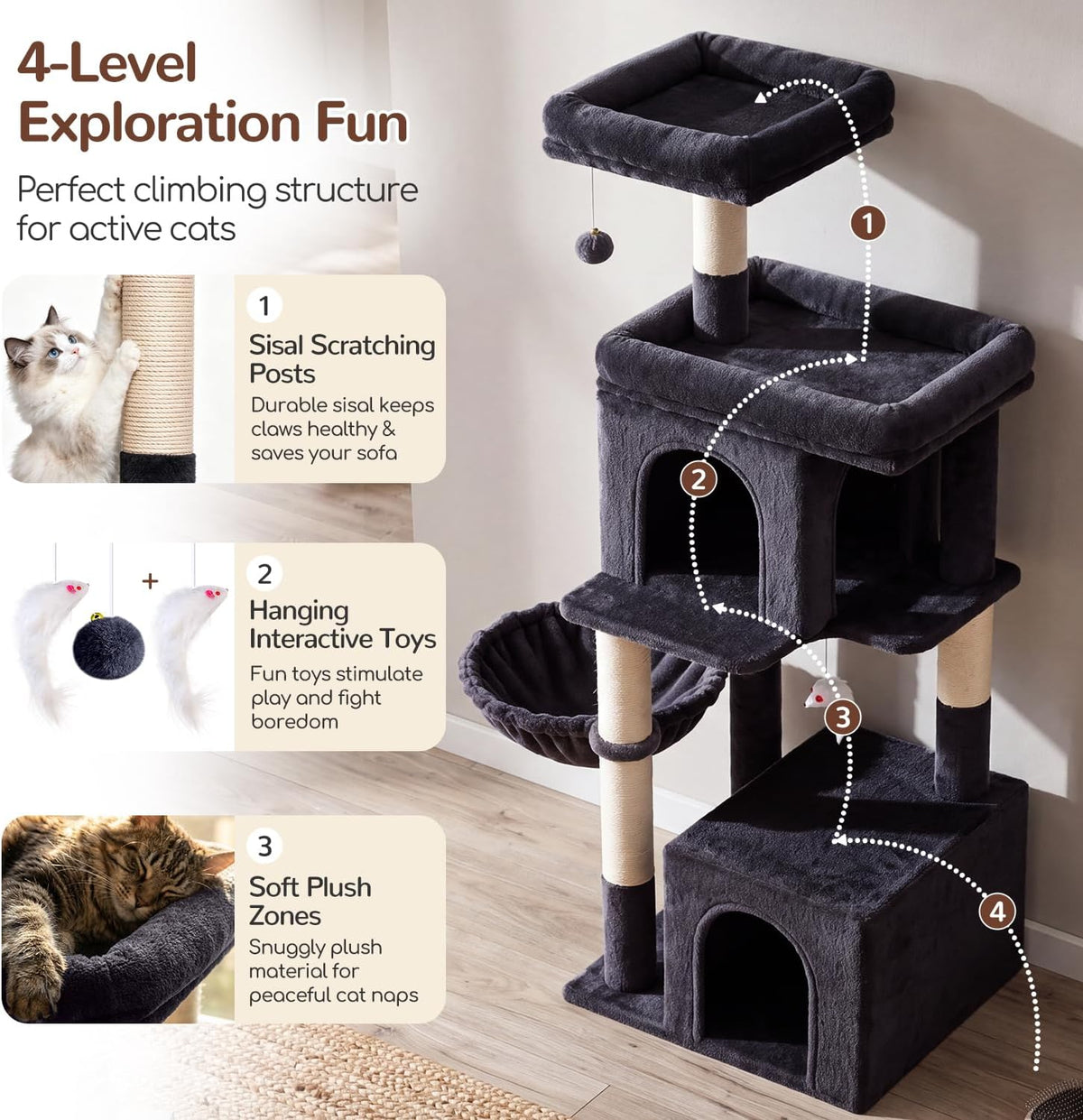 Globlazer Extra Tall Cat Tree Tower for Indoor Cats, F76 - Dark Grey / 54 inch - image 4