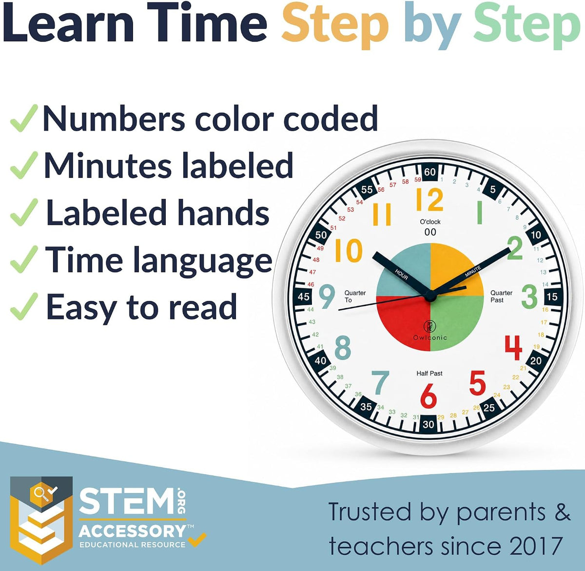 OWLCONIC Kids Teaching Clock, Learning Clock, Silent 10in - Multicolor - image 3