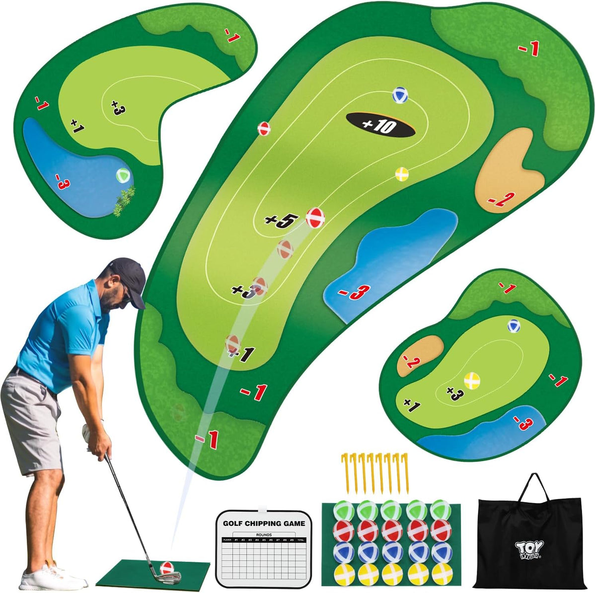 TOY Life chipping golf game mat with sticky balls, scoring zones, sand traps and water hazards - view 2