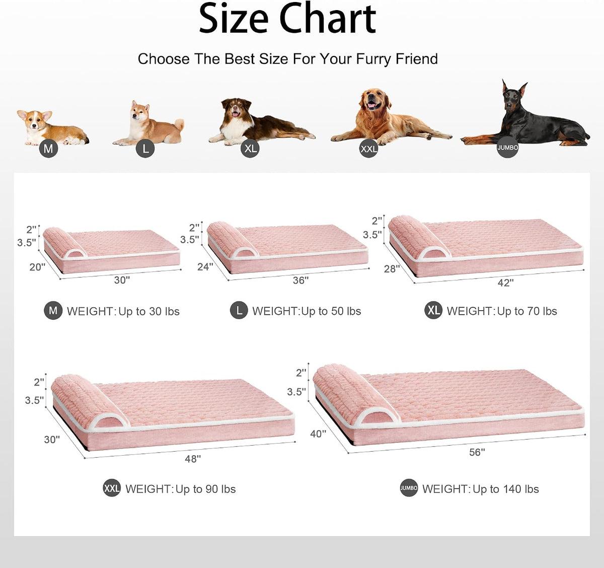 Orthopedic Large Dog Bed Pillow Pet Sofa Bed 36''X24'' Grey – Essentials for Dogs - Pink / 48"L x 30"W x 3.5"Th - image 4