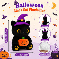 MUFEIRUO Halloween black cat plush holding pumpkin bag, wearing orange witch hat - view 23