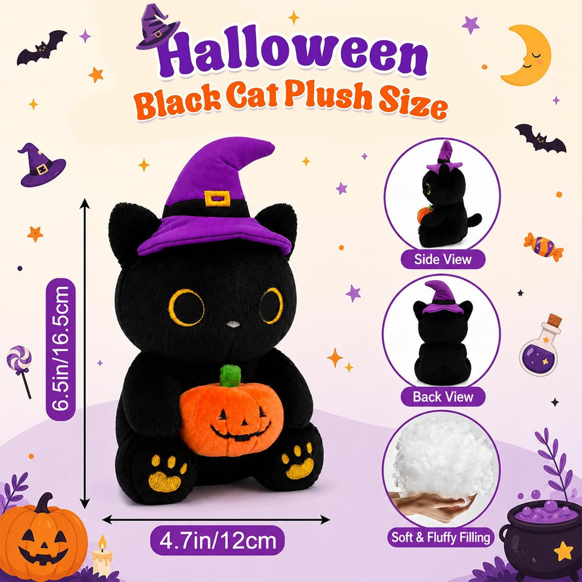 MUFEIRUO Halloween black cat plush holding pumpkin bag, wearing orange witch hat - view 23
