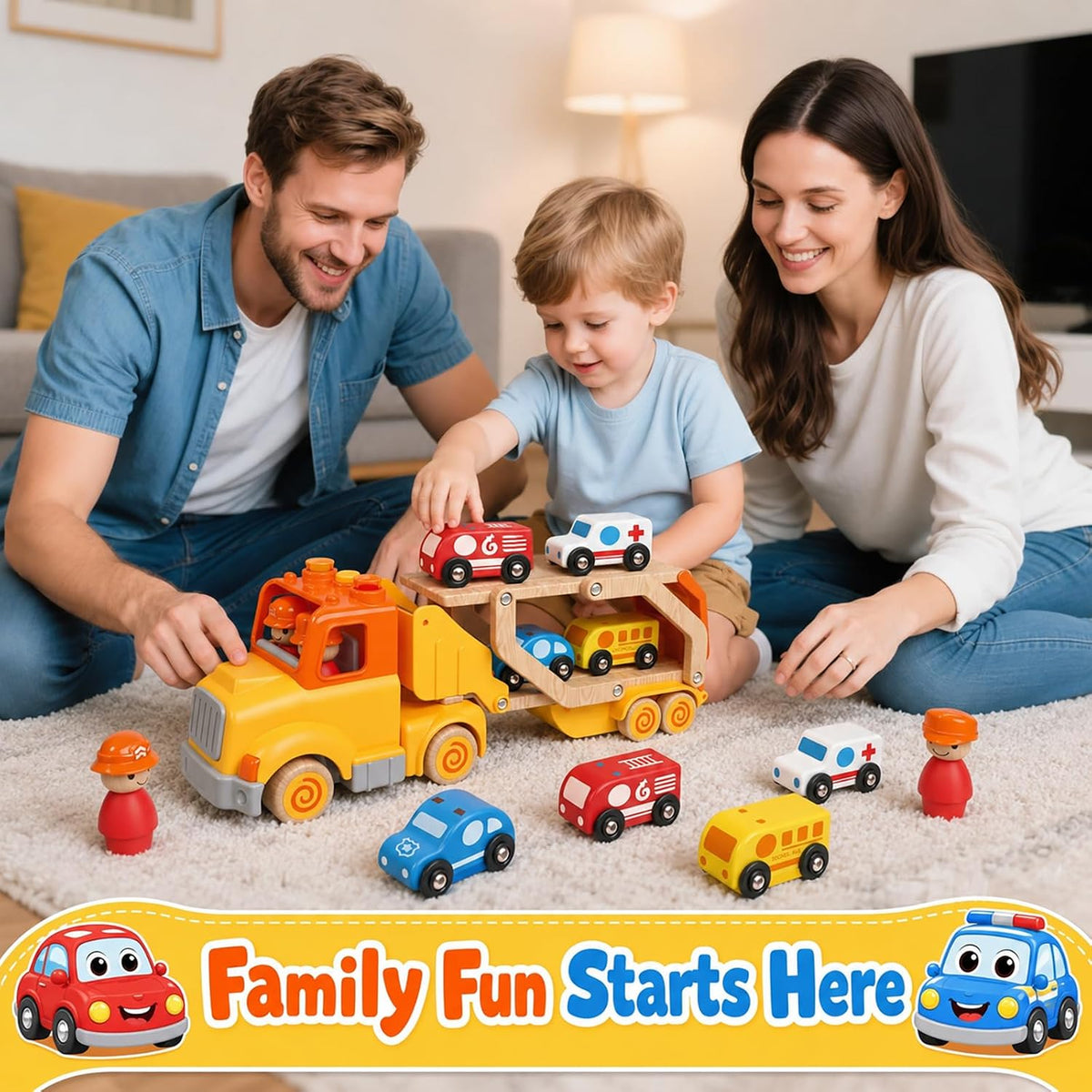 Wanborns car carrier truck toy in yellow with 6 wooden cars and fold-out 30in slide - view 5