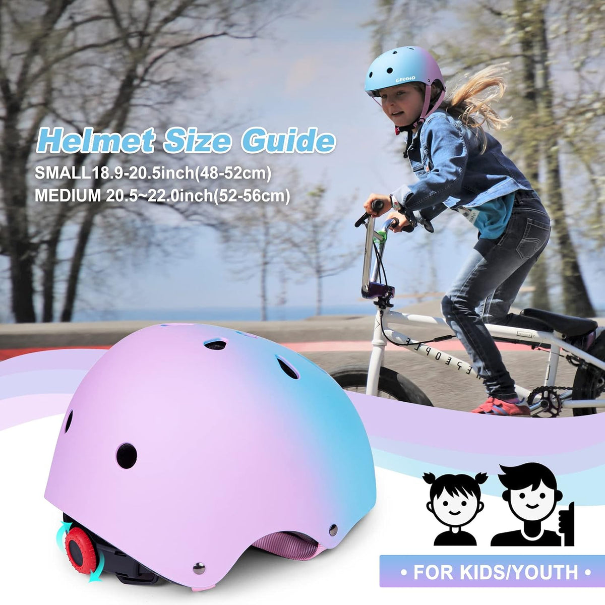 Kids Bike Skateboard Helmet Pad Set - M(20.5"-22"/ 8 -14years) / Blue pink - image 4
