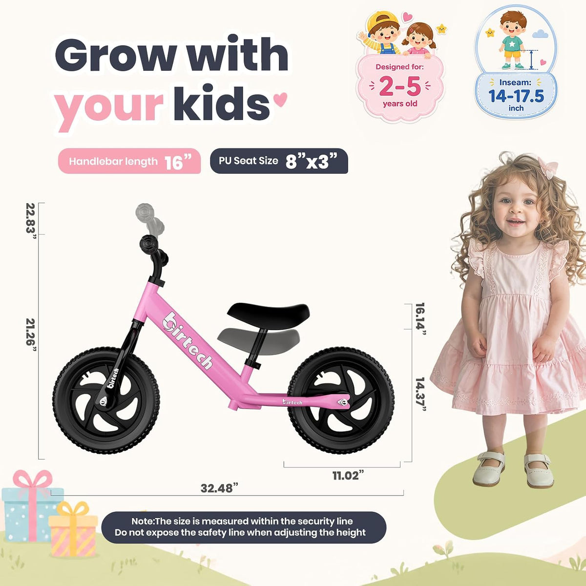 Birtech Balance Bike for 2-5 Years Old Kids 12 Inch Toddler Balance - Pink - image 2