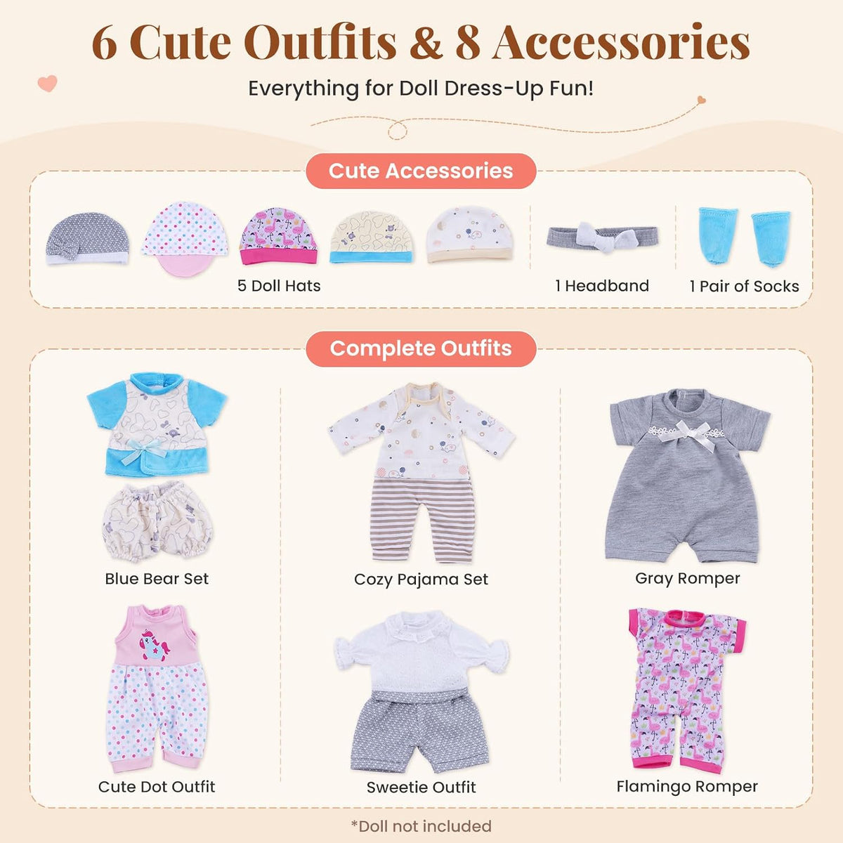 BABESIDE baby doll clothes set with 6 outfits, hats, pants, headband and socks for 12-15 inch dolls - view 4