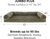 Furhaven Orthopedic Dog Bed for Large Dogs w/ Removable Bolsters & Washable Cover, For Dogs Up to 125 lbs - Faux Fur & Velvet Sofa - Dark Sage, Jumbo Plus/XXL