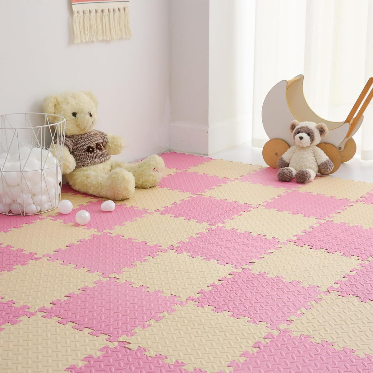 Foam Play Mat for Baby, Soft Non-Toxic Baby Playmat - Beige/Pink / 36 Pcs/70.8*70.8
