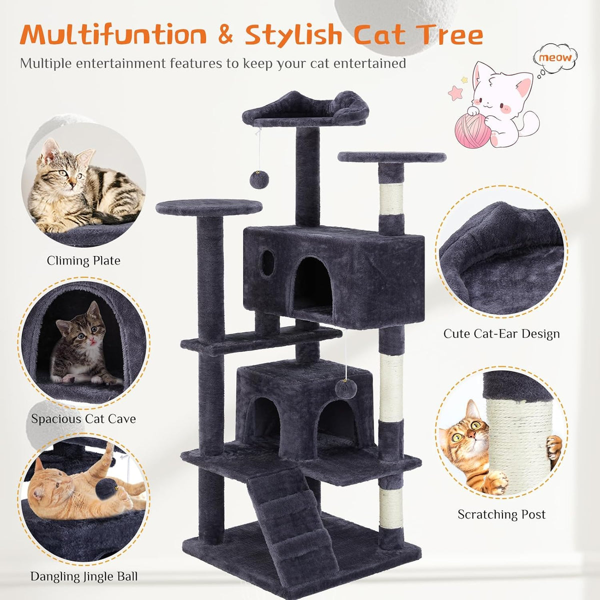 Sweetcrispy 54-inch Cat Tree Tower with Scratching Posts - Grey / 54*19.7*19.7IN - image 3