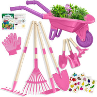 Qtioucp Kids Gardening Set with Wheelbarrow - Rose Red